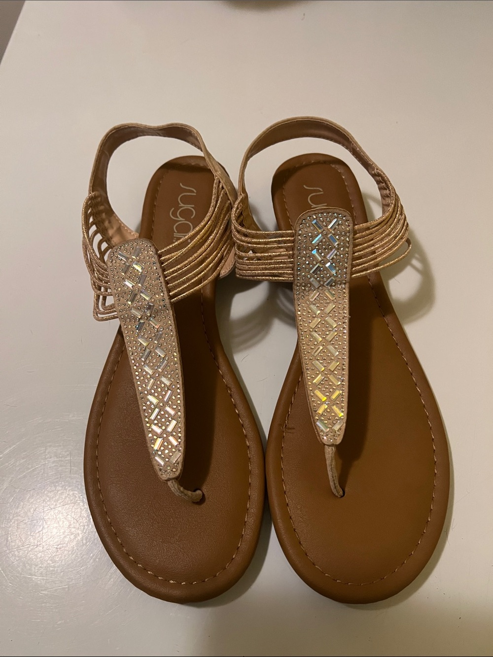 Sugar Wedge Sandal Thong with Metallic Embellishment - Rose Gold
